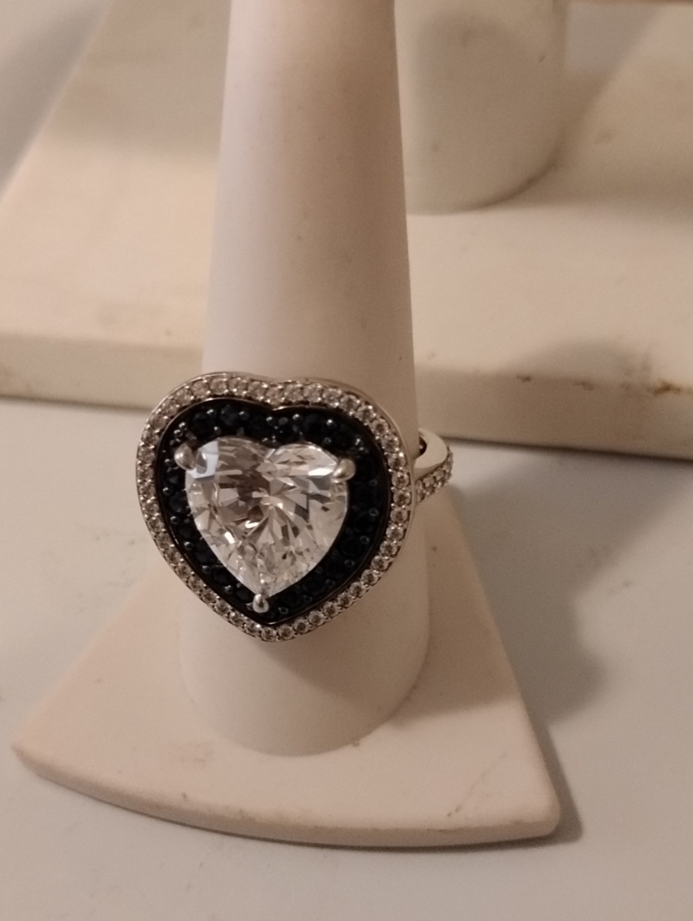 Colleen Lopez Heart Halo Ring in White and Black simulated diamonds